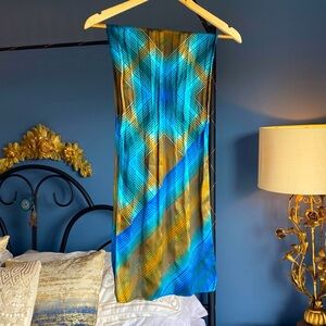 Teal Blue and  Gold Silk Polyester Plaid Scarf